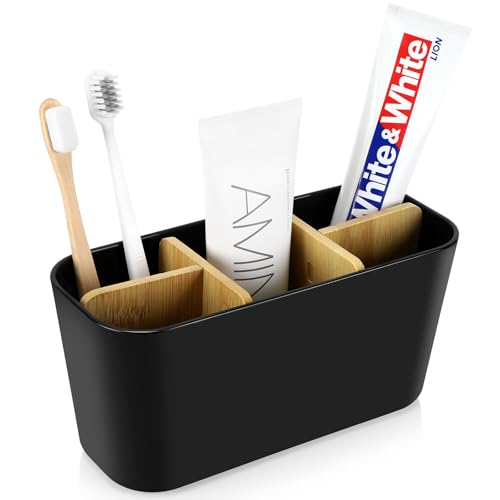 Porte Brosse à Dents Rangement Salle De Bain Support Brosse A Dent Electrique SéParateurs Bois avec 5 Emplacements Porte Brosse Dents Et Dentifrice Multifonctions Organisateur Salle De Bain Cuisine