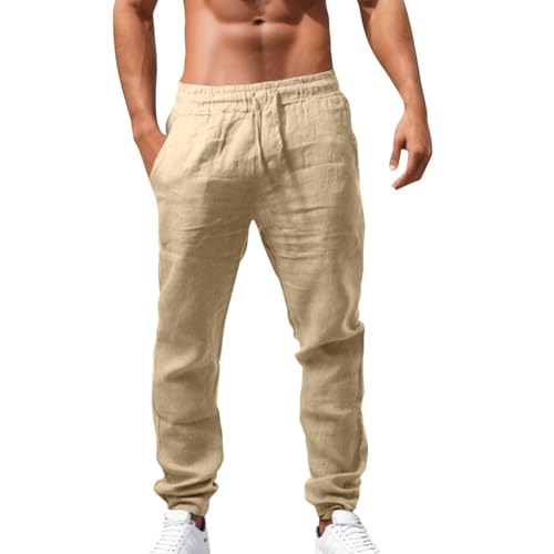 Pantalon Lin Homme Taille Elastique Tendance 2025 Pantalons Hommes Lin Et Coton Décontracté Pantalon Toile Été Pant Yoga Léger Taille Elastique Coupe Droite avec Cordon de Serrage Vêtement Pas Cher