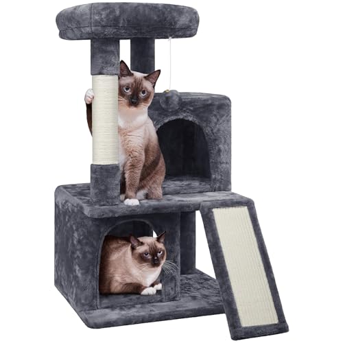Yaheetech Arbre à Chat avec Griffoir et Poteaux en Sisal Centre d'activités 2 Niches 1 Boule de Peluche et 1 Platforme 49 x 45,5 x 91 cm Gris Foncé