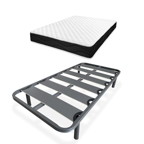 Homey Sleep Pro Lit Complet avec Matelas réversible + sommier à Lattes renforcées avec 4 Pieds cylindriques métalliques filetés, 90 x 190 cm