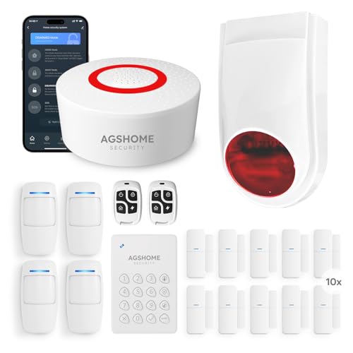 AGSHOME+ Alarme Maison sans Fil avec Sirene Exterieure, Systèmes d'Alarme pour Portes 120DB, 19 pièces, Alarme WiFi, Capteur de Mouvement pour Portes et Fenêtres, télécommandes, Compatible avec Alexa