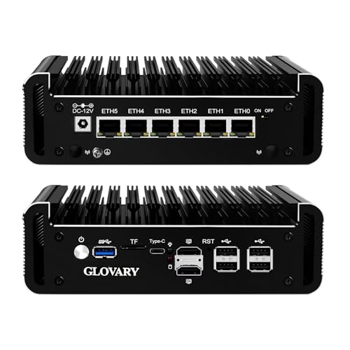 Glovary Firewall Mini PC Quad Core N100, DDR5 8GB RAM 128GB NVMe SSD, 6 x 2.5GbE i226V LAN, Micro Fanless Appliance, Routeur Hardware, AES-NI, OPNsense, TypeC Port, TF Card Slot