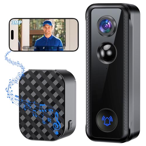 Ankway 2K Sonnette sans Fil avec Camera, Angle 145° et Capteur PIR, Batterie 5200mAh, Audio Bidirectionnel et Affichage en Direct, Alarme Antivol, 2 Modes de Stockage, Aompatible avec Alexa et Google