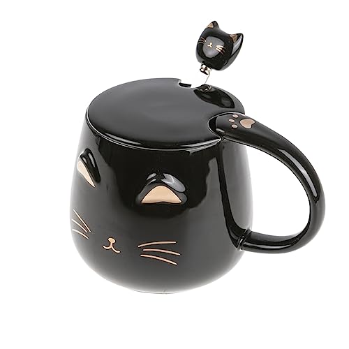 lachineuse - Tasse Chat Kawaii 450ml - Mug Chat avec Couvercle & Cuillère - Coloris Noir & Or en Céramique - Mug à Infusion Thé Café - Tasse Originale Japonaise - Idée Cadeau Japon Asie Kitty Mignon