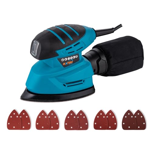 KATSU Tools Ponceuse de Détail Électrique 130W, avec Port d’Extraction de Poussière et 10 Feuilles Abrasives, pour Décoration et Finition de Meubles (Budget)