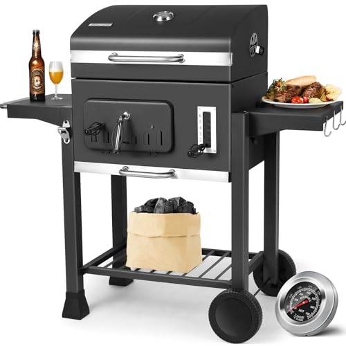 Barbecue Charbon de Bois, Chariot à Barbecue XXL, Grand Grill XXL à Charbon avec Couvercle, Roues et Thermomètre, Réglable en Hauteur, Barbecue Fumoir, Noir