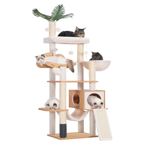 Heybly Arbre à Chat Moderne, Arbre à Chat en Bois avec 5 Griffoirs, Planche à Griffer, Panier, Tour de Jeu 156 cm, Niche, Plateforme, Hamac, 3 Pompons, Tapis Lavables, Noyer HCT120WB