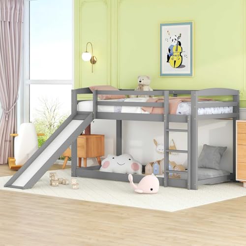 YEHTOKHOME Lits pour Enfants 90x200cm multifonctionnels avec toboggans et échelles,superposés en Bois Lits pour Adolescents avec sommiers à Lattes(sans Matelas) (Gris)