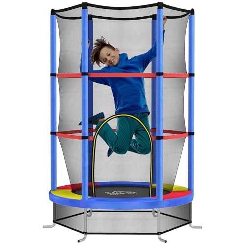 HOMCOM Trampoline pour Enfant Ø 1,40 x 1,90H m Filet de sécurité Porte zippée 6 poteaux rembourrés Inclus Charge Max. 45 kg Multicolore