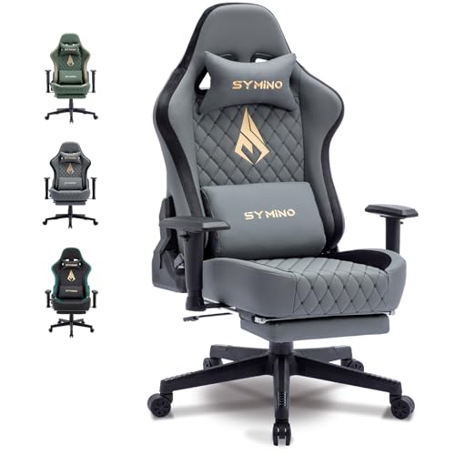 Symino Chaise Gaming Ergonomique et Fauteuil Gamer avec Repose-Pieds Télescopique Coussin à Ressorts, Support Lombaire et Hauteur Réglable 200kg (Simili Cuir, Gris)