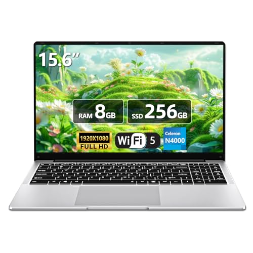 Ordinateur Portable 15,6", Celeron N4000 Portable, Laptop 8Go DDR4 RAM 256Go SSD, 1920 *1080 FHD IPS, Uverture et Fermeture à 180 Degrés Portable Ordinateur, WiF 5/USB 3.0/Mini HDMI/TF Card Slot