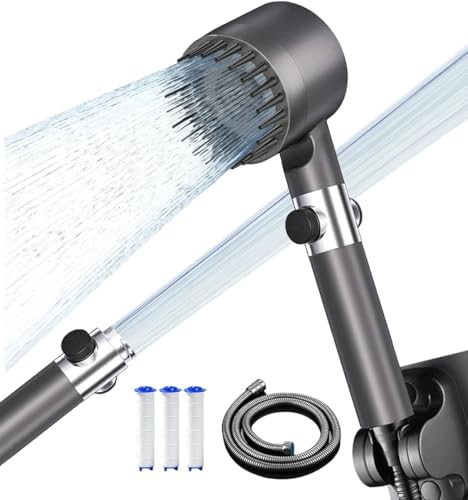 Pommeau de Douche Haute Pression, Pommeau de Douche Anti Calcaire, avec Tuyau Douche 1.5M et Support de Douche, 4 Types de Jets Pommeau Douche Economie Deau avec Bouton D'arrêt D'eau, Gris