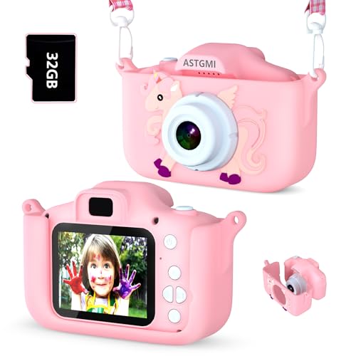 ASTGMI Appareil Photo pour Enfants, 2.0 Pouces Enfant Appareil Photo Numérique, Mini Caméra Enfant Rechargeable Caméscope Cadeau Jouet Filles Garçons de 3 à 10 Ans, vidéo HD 1080p, 32G SD Carte (Rose)