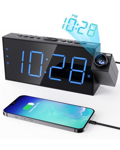 ROCAM Réveil Projecteur Plafond, Horloge Projection, Réveil de Chevet Numérique Grand Écran, 5 Niveaux de Luminosité Réglable, Réveil Matin pour Chambre avec Snooze, DST