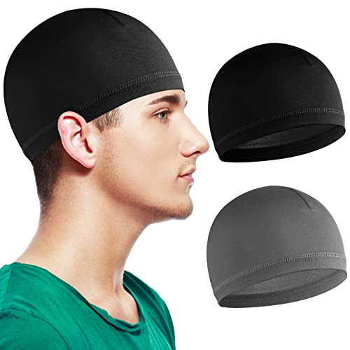 WLLHYF 2 Pièces Casquettes Crâne Chapeaux de Sommeil en Coton Bonnet Extensible Doublure de Casque Respirante Casquette Anti-Transpiration pour Hommes Femmes Cyclisme Course (1 Noir + 1 Gris)