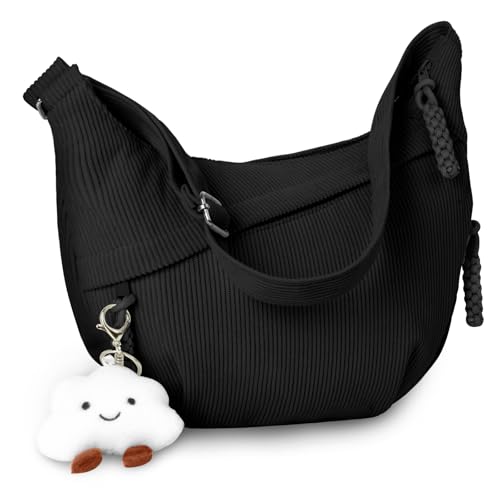 Aucuu Sac à Bandoulière, Grand Sac à Bandoulière en Velours Côtelé, Sacs à Main avec Pendentif Nuage, Sacs Hobo Large Lanière avec Sangle Ajustable pour Femme