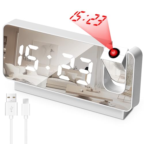 KINGOZOYI Reveil Projecteur Plafond Reveil Projecteur Réveil Numérique avec Température Projecteur 180° Écran LED Horloge Numérique Port de USB Réglage 12/24H pour Chambre Bureau(Blanc)