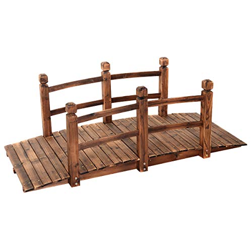 GOPLUS Pont en Bois Rustique et Massif avec Main Courante, Décoration de Jardin Pont d'Étang, Supporte de Poids Maximum 100 KG, 150 x 67 x 55CM (Brun)