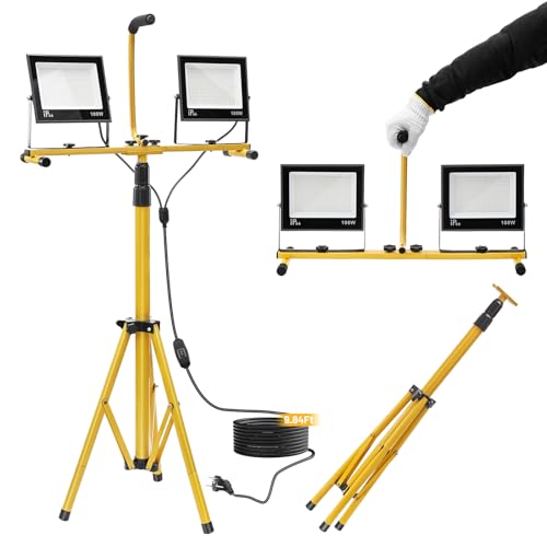 Yofuly 200W Projecteur LED sur Trépieds, 15,000LM Lampe de Chantier avec Trépied Télescopique en Métal Réglable, Lampes de Travail à LED Étanche IP66, Câble 3M pour garage, jardin, industriel