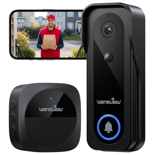 wansview Sonnette sans Fil avec Camera - 2K Sonnette sans Fil Exterieur Etanche, Visiophone sans Fil, Interphone Connecté, Détection Humaine PIR, Vision Nocturne, Changeur de Voix, WiFi 2.4GHz
