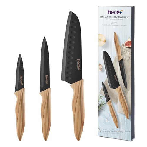 hecef Set Couteau Cuisine 3 PCS, Couteaux de Cuisine Professionnelle en Acier Inoxydable, Couteau de Chef, Couteau d'Office & Couteau Utilitaire, Série Rétro