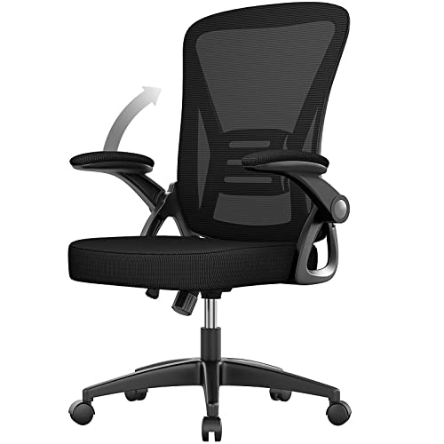 naspaluro Chaise de Bureau avec Accoudoir Relevable, Fauteuil de Bureau en Maille Respirante avec Soutien Lombaire, Dossier Inclinable et Hauteur, Roulette Pivotant à 360°, Noir