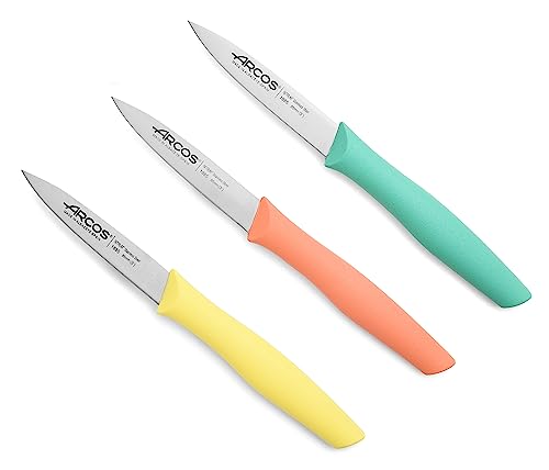 ARCOS Ensemble de Couteaux d'Office en Acier Inoxydable – 3 Pièces, Idéal pour Éplucher Fruits et Légumes – Poignée Ergonomique en Polypropylène. Couleur Orange, Jaune et Bleu. Série Nova