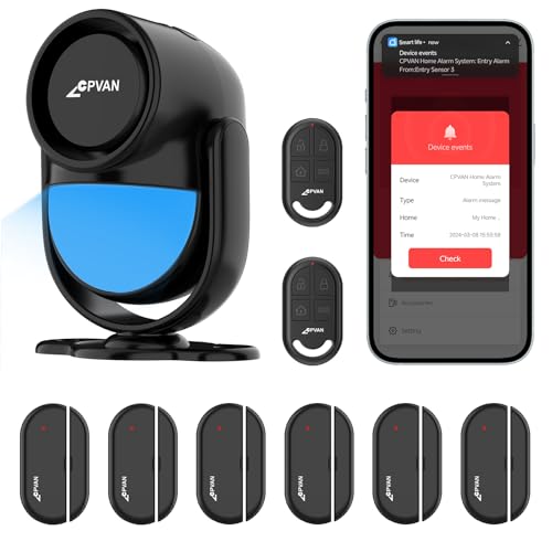 CPVAN Alarme Maison sans Fil, 2.4GHz WiFi PIR Détecteur de Mouvement avec Alertes APP,9 Pièces - PIR Alarme Hôte,6 Capteurs de Porte/Fenêtre,2 Télécommandes,Noir