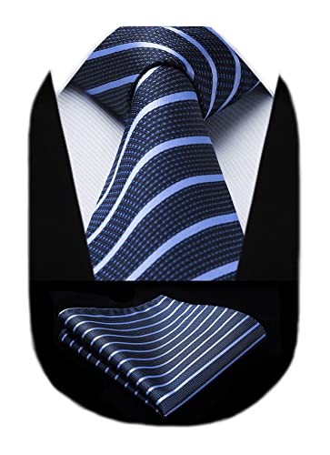 HISDERN Cravate Homme Mouchoir Élégant Classique Rayé Cravates Pour Hommes Et Pochettes Ensemble Mariage Fete Anniversaire (one size, Bleu 1)