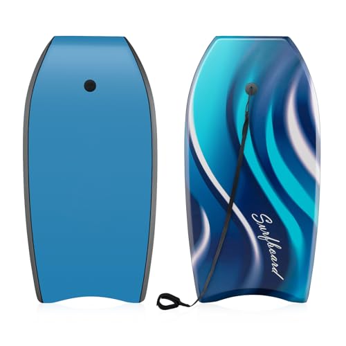 HOMASIS Planche de Surf Léger, Body Board avec Pont XPE, Planche à Vague Noyau en Mousse EPS, Base en Croissant, Laisse de Poignet sans Gonflage pour Adultes et Adolescents