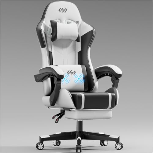 HLFURNIEU Chaise Gaming Massante, Fauteuil Gaming avec Coussin à Ressorts Ensachés, Chaise Gamer avec Coussin Lombaire Massant et Repose-Pieds, Appui-tête, Siège Gaming Noir et Blanc