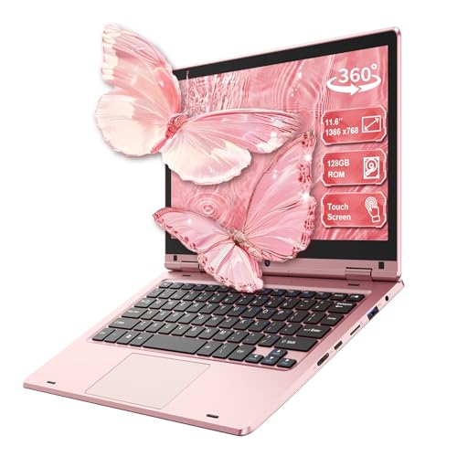 11,6'' Ordinateur Portable Tactile Pliable à 360°, Laptop Celeron N4020, 6Go RAM 128Go SSD, WiFi (2,4G/5G), 1366 x 768 IPS, Bluetooth, Webcam, PC Portable sur mesure pour les professionnels - Rose