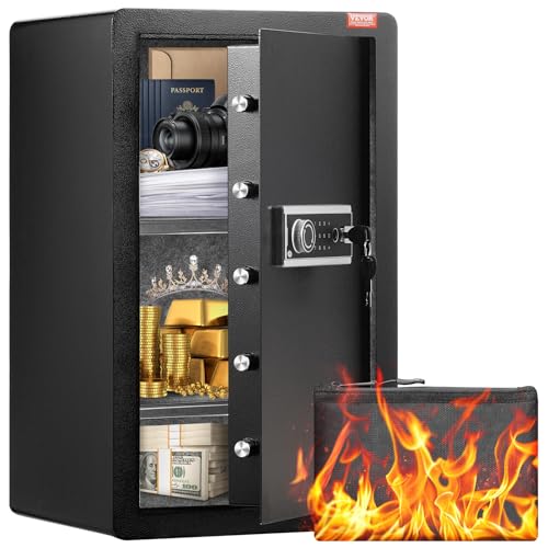 VEVOR Coffre-fort à Porte Simple 113 L, 3 Façons de Déverrouillage, Clé, Mot de Passe et Empreinte Digitale, avec Sac Ignifuge, Porte-Clés, Lumière LED et 2 Étagères, pour Argent, Documents, Bijoux