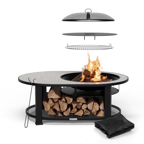 blumfeldt Merano Circolo L Brasero Exterieur - 3-en-1 Brasero, Barbecue & Table, Plateau Terrazzo, Cadre Acier Robuste, Pare-Étincelles, Grille & Tisonnier Inclus, Idéal Jardin & Terrasse