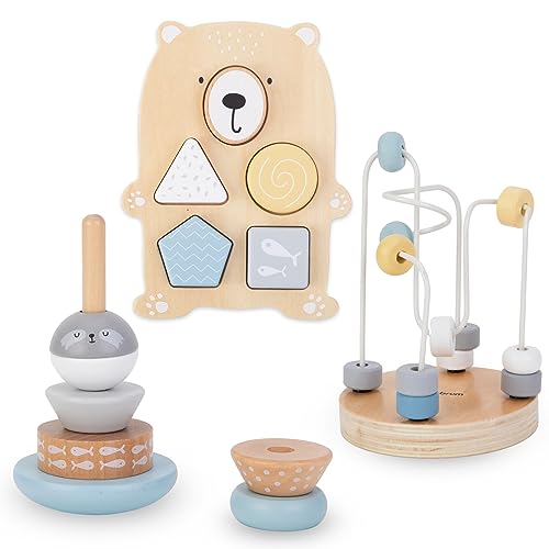 Mamabrum, Ensemble de Jouets en Bois - entrelacs colorés, Pyramide Seevang, Ours trieur, Planche de tri, Boucle de motricité, trieur en Bois Jouets Montessori à partir de 10 Mois
