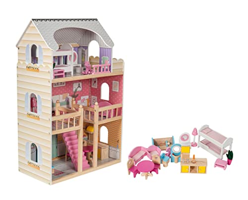 mamabrum Grande Maison de PoupéES en Bois avec LED - 3 Étages, Terrasse, Meubles (Lit, Cuisine, Salle de Bain) - 60 x 30 x 90 cm - Peinture Écologique Pastel