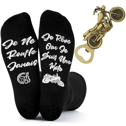 Perthlin Cadeau de Moto de Homme 1 Paire Chaussettes de Moto Amusantes et 1 Décapsuleur de Bière de Moto Ouvre-Bouteilles de Moto Vintage Cadeau de Chaussettes pour Fete des Peres Anniversaire Papa