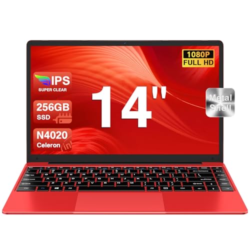 bvate Ordinateur Portable 256 Go 14" Win 11 N4020 Support Expansion 1 to SSD 1080P 2.4G+5G WiFi Mini HDMI & Souris sans Fil et Un Film de Clavier AZERTY pour Clavier - Rouge