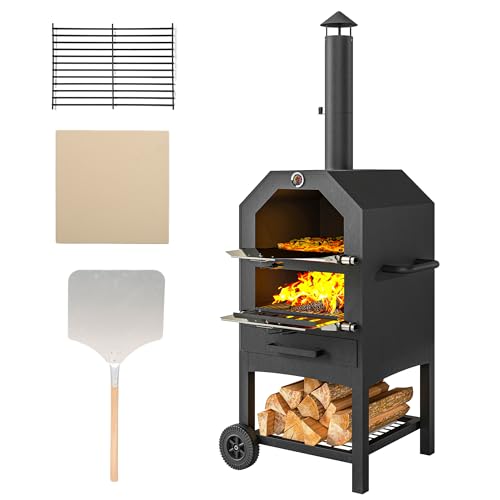 Outsunny Four à pizza 2 en 1 avec pierre à pizza, compartiment à cendres, 2 grilles de cuisson, four à bois avec roulettes, thermomètre, pour jardin, camping, noir