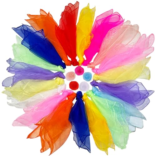 Druuzyl 24 Foulards jonglage 60x60cm - Tissu Multicolore pour Enfants - idéal Cirque, Danse et Jeux de Jardin - Lot de Foulards Magiques en Soie légère
