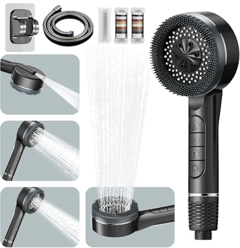 Pommeau de Douche Haute Pression, Pommeau de Douche Economie Deau avec Tuyau Douche 1.5M et Support de Douche, Pommeau Douche Anti Calcaire 4 Types de Jets avec Bouton D'arrêt D'eau, Gris