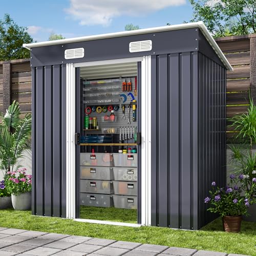 Xbro Abri de jardin en métal 183 x 109 x 182 cm, avec toit en pente et porte coulissante, abri à outils avec serrure et gants (gris)