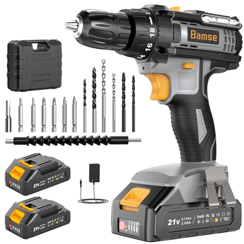 Perceuse Visseuse Sans Fil, Bamse Visseuse Devisseuse Sans Fil 21V, Perceuse 42Nm avec 2 Batteries 2.0Ah, 18+1 Réglages de Couple, LED, 2 Vitesses, 14 Accessoires pour Projet de Bricolage, Gris