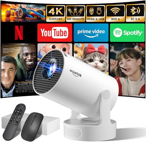 [Apps intégrées & 2025 Upgraded] Vidéoprojecteur avec WiFi 6 et Bluetooth 5.4 Mini Projecteur Supporte 4K 1080P Auto Keystone Rotation 180° Compatibile avec HDMI/TV Stick/Memory Stick/Laptop, Blanc