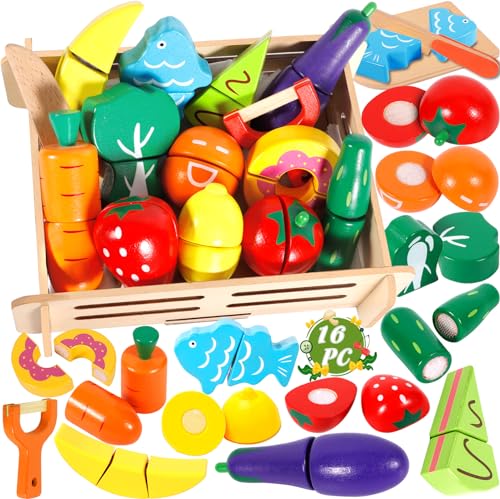 MULEVIP Jouets en Bois Fruits et Légumes,Jeux de Cuisine Enfants,Jeu d'imitation Jeux,Fruit et Legumes Jeux Enfant, Enfants Jeu d'imitation Jeux Legumes a Decouper Cadeau Enfant 3 4 5 6 Ans