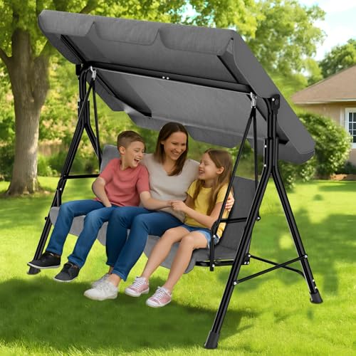 Balançoire de Jardin 3 Places Outdoor,Balançoire de Terrasse avec Auvent Réglable et Coussin Amovible,Structure en Acier au Carbone,Banc à Bascule pour Terrasse,Piscine,Jardin,193x110x152cm，Anthracite
