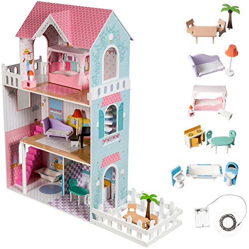mamabrum Maison de Poupée en Bois 3 Étages avec Éclairage LED - 123 x 34 x 114 cm, Terrasse, Jardin, Piano et Accessoires - Peinture Écologique Certifiée CE (Pastel)