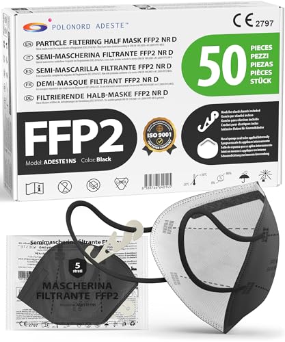 ADESTE – 50 Masques FFP2 Noirs Certifiés CE, approvisionnement contrôlé, élastiques confortables, hypoallergéniques et réglables. EFB 99,5%. Emballage individuel