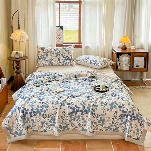 Odot Couette Réversible Ete Legere et Fine, 2,5 Tog Couette sans Housse Lavable - Douce et Confortable, Légère et Respirante Couverture Quilting d'Été (Feuilles Bleues,220 * 240cm)