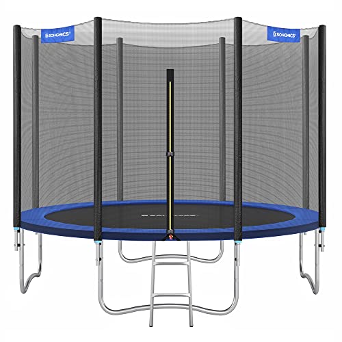 SONGMICS Trampoline Extérieur Enfant Diamètre 305 cm, Filet de Protection Externe, Coussins de Sécurité, Échelle, Poteau Droit de 180 cm de Haut, Cadre en Acier, Bleu STR10FT